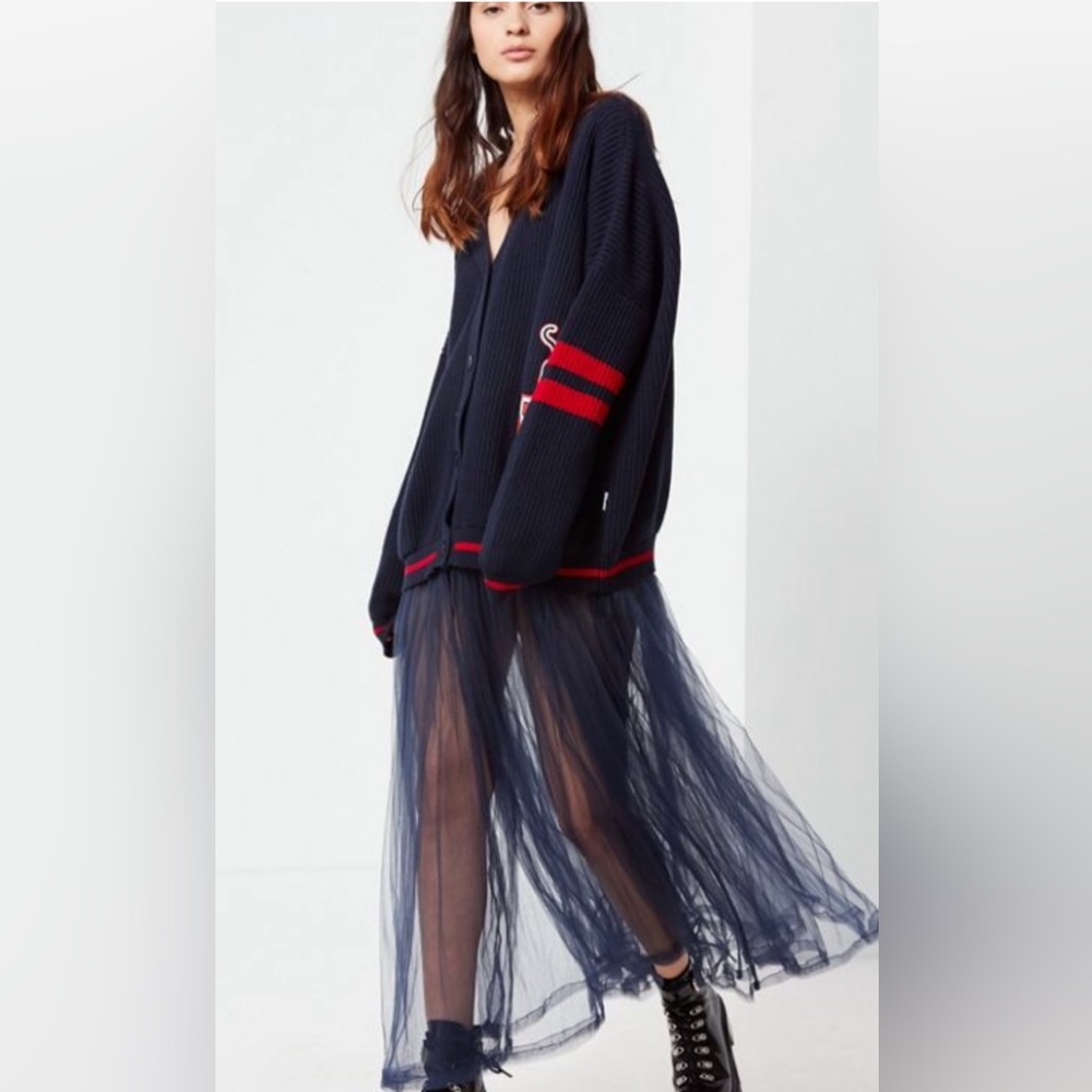 KNIT OVERSIZED VARSITY CARDIGAN WITH SHEER ATTACHMENT